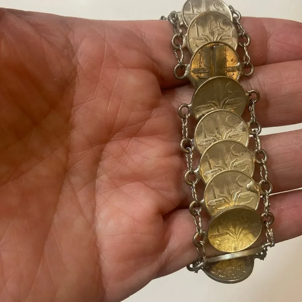 Vintage Tone Silver & Gold Coin Bracelet Handmade 20 Coins The Five Cents